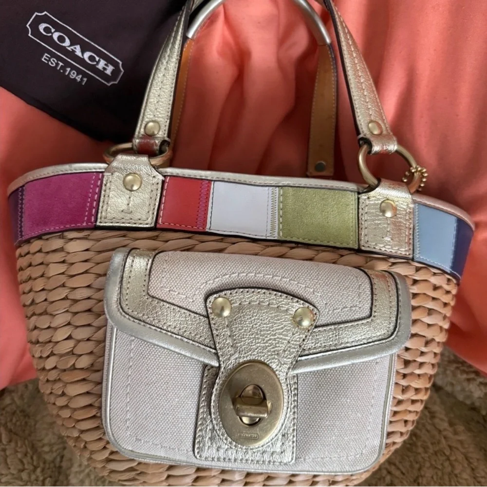 Coach Raffia/Straw Tote with Multicolor Leather Trim and Metallic Gold Accents - Picture 2 of 7
